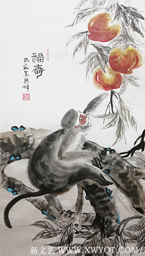 张焯作品 《福寿》 规格：138cm×69cm